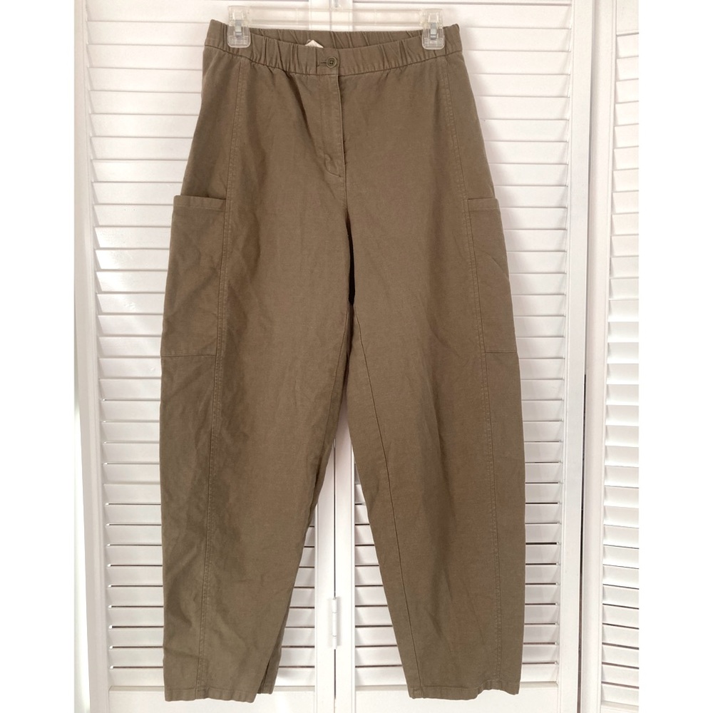Eileen Fisher Olive Tapered Barrel Leg Stretch Cotton Pants Sz XS